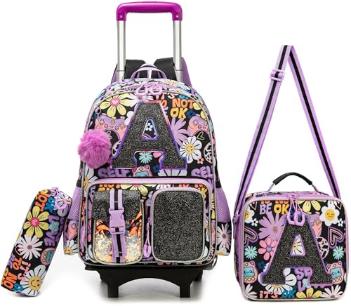 HTgroce Mochila Escolar con Ruedas Niña (Carro Desmontable) – Set 3 Piezas con Bolsa de Almuerzo y Estuche – Mochilas con Carro para Primaria (Ergonómico)