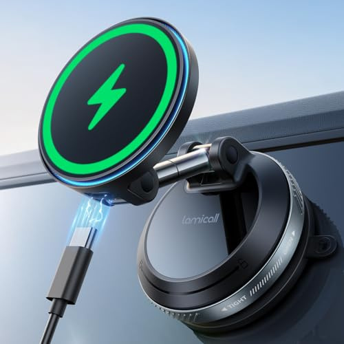 Lamicall 15W Chargeur Voiture pour Magsafe - [30KG Forte Aspiration] | Ventouse sous Vide, Deux Ports USB-C, Aimant Puissant, Support Magnétique Téléphone Voiture, Chargeur sans Fil Voiture iPhone