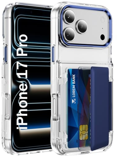 IMEIKONST för iPhone 17 Pro fodral med korthållare (2 kort), RFID-blockerande plånbok telefonfodral, 30 cm militär droppskydd klart stöttåligt silikonskydd för iPhone 17 Pro. Blå TMKB
