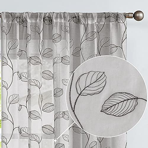 TOPICK Sheer Vorhang Voile Stangedurchzug Blätter Stickerei Gardine lichtdurchlässig Grau Blatt Vorhänge Gaze Paarig für Wohnzimmer Schlafzimmer H145xB140(cm) 2er Set
