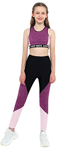 iEFiEL Kinder Trainingsanzug Mädchen Sport BH Weste + Leggings Sportlich Jogginganzug Druck Sportanzug Jumpsuit Große 98-176 Rosa Schwarz 134-140