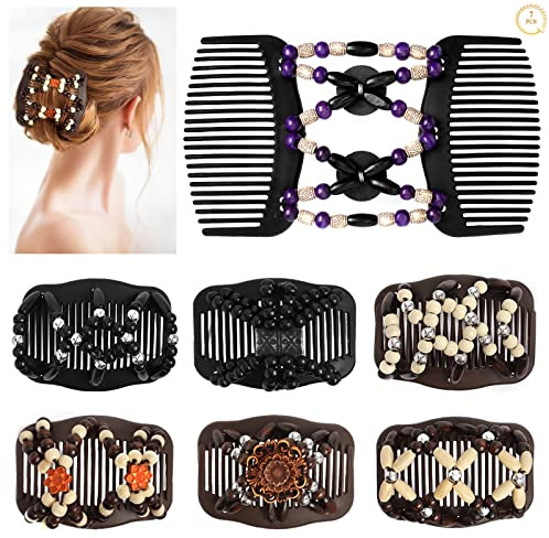 Dadabig 7 Stück Perlen Haarkämme, Magie Elastische Haarspangen Doppel Dehnbar Kamm Afrikanische Haarklammer Hair Comb Schmuck Steckkamm Holz Hairclips für Damen Mädchen Haarschmuck (7 Stile)