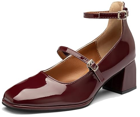 NEWBELLA Women Vintage Patent Chunky Heeled Mary Jane Pumps, Red, 5.5 UK