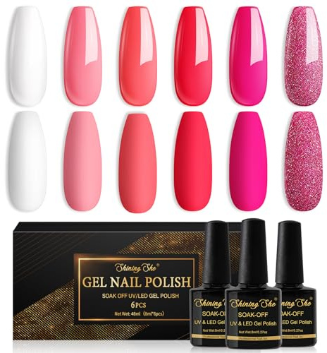 Shining She UV Nagellack,6 Farben Glitzer Rosa Milchweiß Pfirsich Gel Nagellack Soak-Off UV Frühling und Sommer Rosa nagellack für Anfänger DIY Nail,Einfach und langlebig,8ml