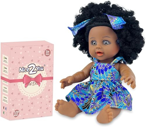 Nice2you 10 Zoll Schwarze Puppe für Mädchen, 25cm Afrikanische Babypuppe mit lockigem Haar, Puppen Spielzeug für Kinder Alter 2 3 4 5 Jahre, Reborn Baby Doll mit Mode Dressing 10in Blau blue-10