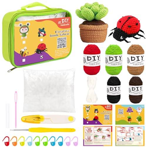 Häkelpaket Für Anfänger,Sukkulenten Und Marienkäfer Häkelnadel Set mit Schritt-für-Schritt-Video DIY Häkel Strickset Komplette Häkeln Strick Kit für Anfänger Erwachsene Kinder Kunsthandwerk Geschenk
