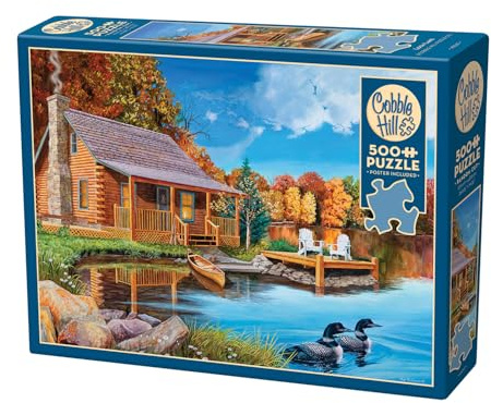 Cobble Hill 3845067 Loon Lake, 500 bitar pussel inklusive pusselaffisch för vuxna och barn från 12 år, landskapspussel, höst, sjö, blockhus