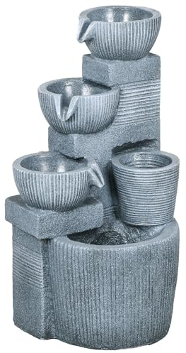 Outsunny Springbrunnen aus Kunstharz Outdoor Gartenbrunnen mit LED Beleuchtung 4 Stufen Steinoptik Pumpe Dekorationsbecken Zimmerbrunnen Zierbrunnen für Garten Rasen 31x27x57 cm Grau