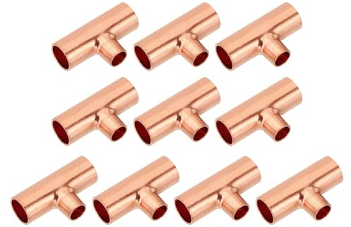 PATIKIL 3/8 x 1/4 x 3/8 ID Reducing Tee Copper Fitting, 10pcs 99.9% 3 Way Pure Copper Pipe Tube Connector Adapter Reducer with Sweat Solder Connection for HVAC Refrigeration System