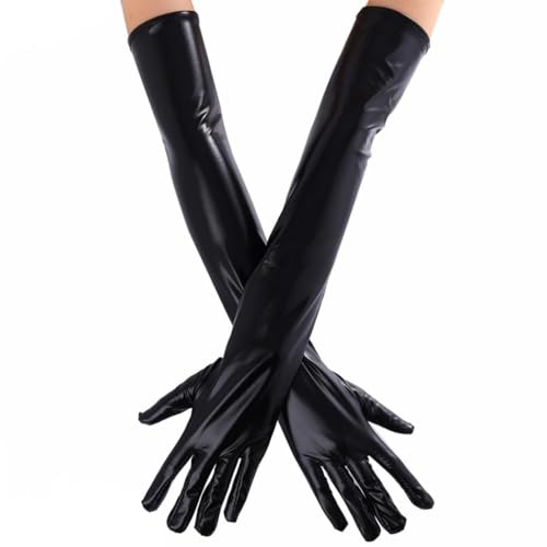 NJCXOLA Handschuhe Lang, Damen Sexy Wet Look Leder Optik Handschuhe, Lange Leder Optik Handschuhe in Schwarz, Opernhandschuh, Abendhandschuhe, Abendparty Tanzhandschuh für Damen(51cm)