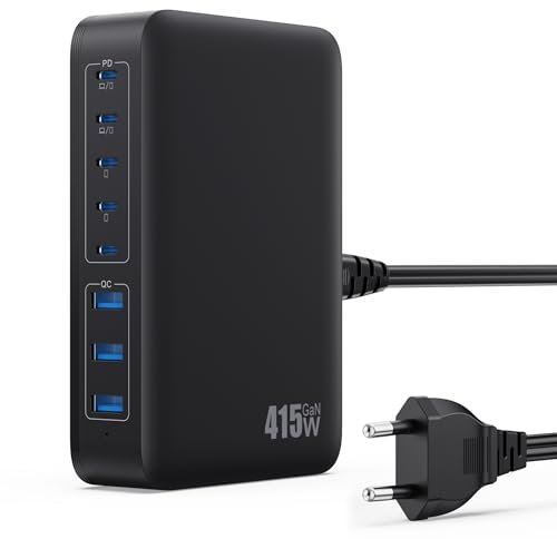 415W Chargeur USB C, 8 Ports Chargeur Rapide GaN IV Tech Multiprise USB avec 5 C & 3 A Sorties, Deux PD 100W PPS Multiple Station de Charge Compatible avec MacBook Pro/Air Laptop, iPhone, Galaxy-Noir