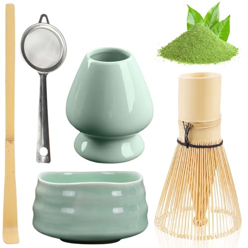 BAIFULAI Juego de té matcha, juego de té matcha de 5 piezas, juego de té japonés, juego de batidores matcha, cuenco para matcha, portabatidores, colador, accesorios japoneses para ceremonia matcha