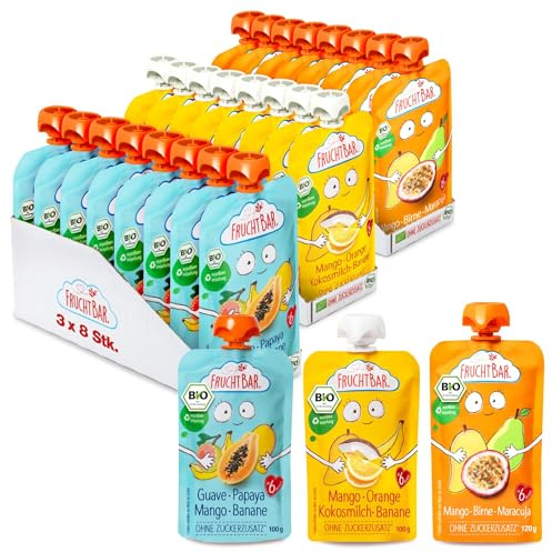 FruchtBar-Bio Quetschie, 24 Stk. Mix, 3 verschiedene Sorten, Fruchtpüree für Babys ab 6 Monaten & Kinder (Bio Quetschie Mix exotisch)
