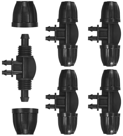 M METERXITY Juego 5 Accesorios Tubo Para Riego Por Goteo Con Encastre De Púas, Conector Tubo De 3/8 A 1/4 Pulgada Acople 4 Vías TEE Plástico Para Acuario/Invernadero, Piezas Riego Por Goteo