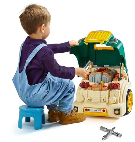 VEVOR Giocattolo Motore, 60 Pezzi, Set Riparazione Auto Meccanico per Bambini con Parti Rimovibili, Luci e Suoni, Volante e Clacson, Set Officina Meccanico per Bambini dai 3 Anni in su, Verde