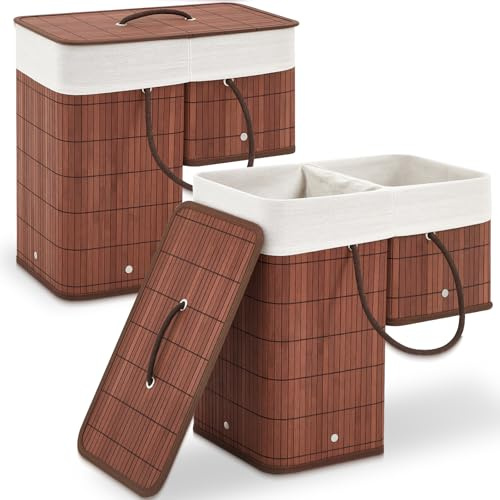 GlikCeil 2 Pcs Stair Basket with Lid and Handles, Foldable Staircase Baskets for Carpeted and Wooden Stairs, Bamboo Step Storage Organizer for Toys Clothes Books(Dark)