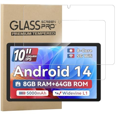 NUCNOK 2 Pack Protector de Pantalla para Ainmel Android 14 Tablet/Ainmel C10BK Tablet (10 Pulgadas),HD Transparente Cristal Templado,9H Dureza,Anti-Arañazos