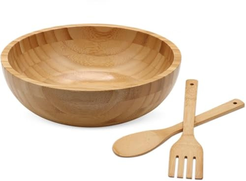 Vestamore 10-Inch Bamboo Salad Bowl With Wooden Serving Spoon & Spork, Eco-Friendly Kitchen Mixing Bowl With Natural Finish