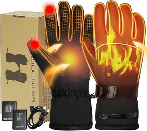 Heated Gloves for Men and Women, QOQIDUN Electric Heated Gloves with 2 5000mAh Rechargeable Battery, 3 Heating Temperature Adjustable Motorcycle Gloves for Cycling, Hiking, Skiing