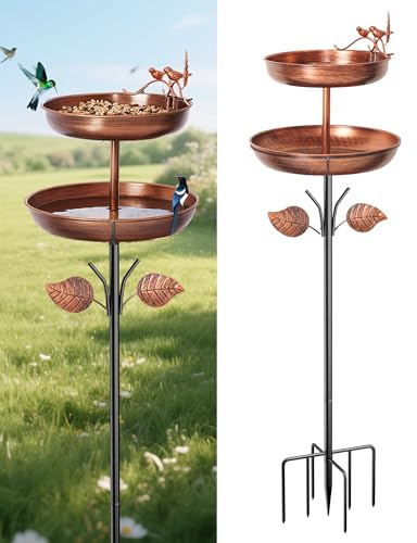 Bird Bath for Outside, Double 46In Metal Birdbaths for Outdoors,Bird Bath Feeder Bowls for Garden Patio Yard Decor, Upgraded 5-Pronged Metal Stake