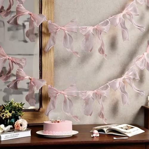FOSDICK 2 Piezas Guirnalda Lazos, Rosa Lazos Banderines Decorativos, Tul Lazo Rosa Banderines, Guirnaldas de Lazo Rosa para Niñas Mujer para Cumpleaños, Bodas, Baby Showers, Despedida de Soltera