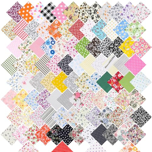 100 Pcs Fabric Squares, 10 x 10 cm Patchwork Fabric, Mixed Color & Pattern Fat Quarters, Precut Cotton Fabric for Easy Sewing Textile Painting and Crafting