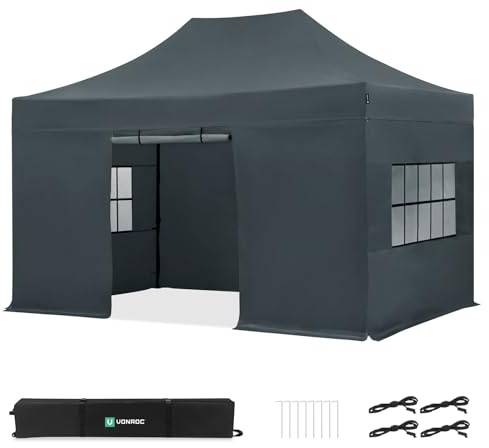 Vonroc Paviljong 3 x 4,5 m sidoväggar vattentät stabil – partytält med sidoväggar EasyUp system [3 min konstruktion] popup vikbar paviljong modulär utbyggbar som festivaltält, trädgårdspaviljong – grå