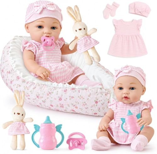 Baby Doll Set,13 Inch Baby Doll Accessories for Girl Adjustable Cot Clothes Bottle Pacifier Bunny Toy, Bedtime Feeding Playset Pretend Play Toys Gift for 3 4 5 6 Years Old Kids Girls Toddlers