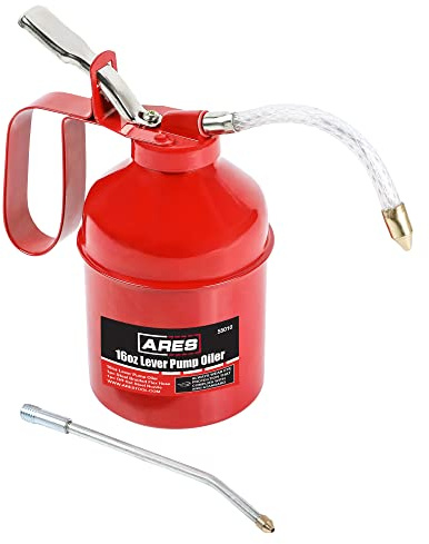 ARES 55010 – 16oz Red Lever Style Oiler Can - Includes Steel Braided Flex Hose & Offset Rigid Steel Nozzle – High Pressure Pump