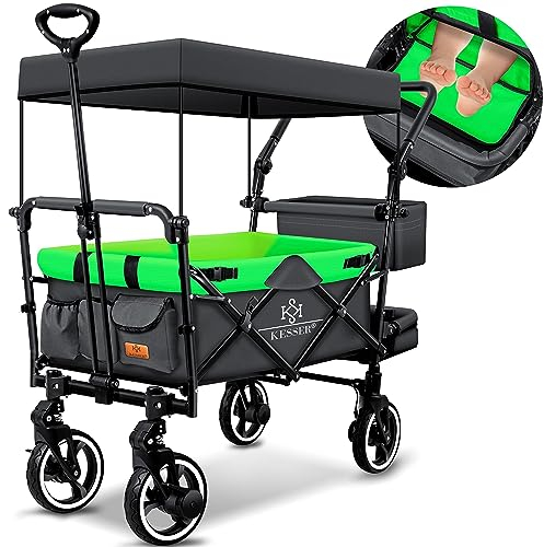 KESSER® Bollerwagen Faltbar GTS-9100 mit Dach Handwagen Transportwagen klappbar inkl. 2X 3-Punkt Gurtsystem 360° Vollgummi-Reifen & Innenraumverlängerung Vorder- & Hinter-Bremse + Cover & Schloss