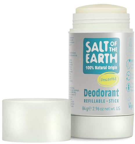 Salt of the Earth - Refillable Natural Deodorant Stick - Unscented - Aluminium Free with Natural Origin Ingredients, Vegan & Long Lasting Protection, UK Made for Men, Women & Kids - 84g