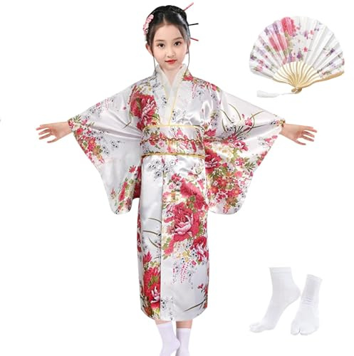 KRUIHAN Kimono Japonés Niñas,Bata Estilo Tradicional Japonés,Bata Yukata Kimono Niñas Imitación Seda,Disfraces Cosplay,Vestido Fiesta Niñas,con Abanico Plegable y Calcetines Tabi
