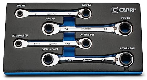 Capri Tools 4-in-1 120-Tooth Box End Reversible Ratcheting Wrench Set, Metric and SAE, 4-Piece with 16 Sizes