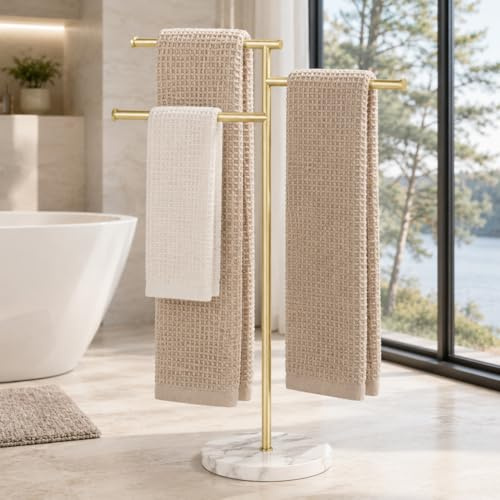 KES 40-Inch Freestanding Towel Rack with Weighted Marble Base, Brushed Gold