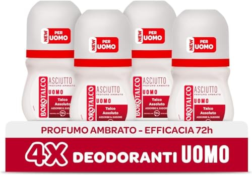 Borotalco, Deodorante Uomo Roll-On Asciutto Ambrato, con Talco Assoluto, Assorbe il Sudore, Senza Alcool, Profumo Ambrato, 72h efficacia - 4 Pezzi da 50 ml - Esclusiva Amazon