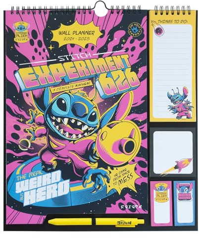 Calendario pared 2025 Disney Stitch - Calendario planificador mensual familiar : Incluye notas adhesivas, pegatinas y boligrafo | Organizador semanal (16 meses)