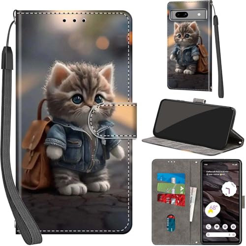 for Google Pixel 7A 5G Case PU Leather Wallet Book Flip Folio Stand View Magnetic Multi-Pattern Cover compatible with Google Pixel 7A Phone Case (Cat)