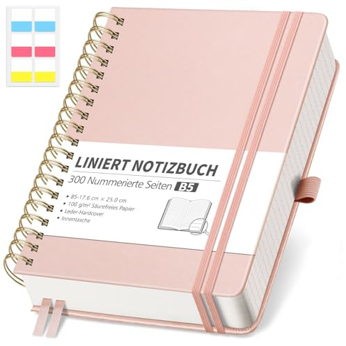 RETTACY Anteckningsbok B5-linjerad, bullet journal med 100 g/m² tjockt papper, 150 ark/300 numrerade sidor, collegeblock för kontor och skola, läderfodral, roséguld, 17,6 cm x 25 cm