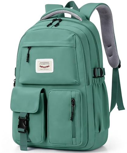 FIORETTO Lightweight School Backpack Womens, Cute School Bag for Teenager Girls, 15.6 Laptop Rucksack Backpack for School Casual Daypacks Travel Backpack for College Work Dark Green 25L