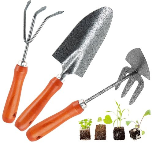 XIMEY Gartenwerkzeug Set, 3 Stück Holzgriff Gartenwerkzeug aus Edelstahl mit Gartenschaufel, Handkelle und Harke, Gartengeräte Set für Blumen Pflanzen, Umpflanzen und Erde Auflockern