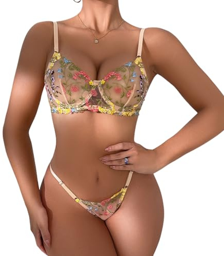 Femme Lingerie Sexy Broderie Florale Ensemble de sous-Vêtements Dentelle Coquine Soutien-Gorge à Armatures et String 2 Pièces Teddy Babydoll Vêtement de Nuit Nuisettes (Couleur Peau, L)