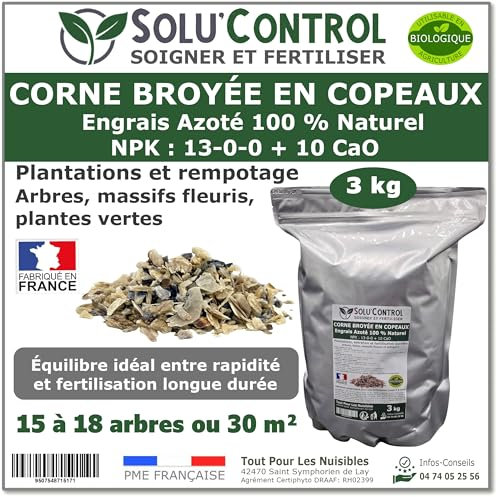 3 kg de Corne Broyée en Copeaux SoluControl - Engrais Azoté 100% Naturel - Fertilisation Équilibrée pour Arbustes, Haies et Massifs Fleuris - Utilisable en Agriculture Biologique