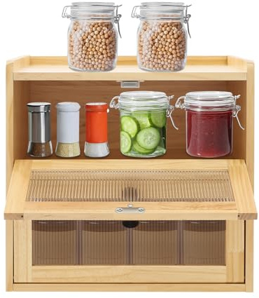 Panera grande de madera de pino de 25 litros, 2 estantes, organizador de cocina, panera para pan, magdalenas y otros productos horneados, 36,5 x 24 x 34 cm (madera)