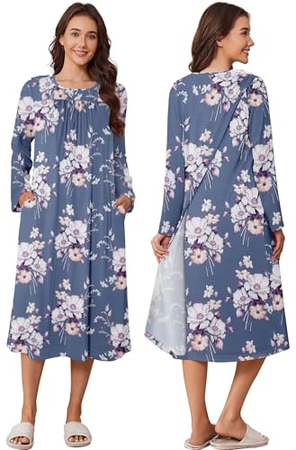 Deyeek Hospital Gowns for Women Long Sleeve Tear Away Snap Open Back Dress Adaptive Nightgown Post Surgery Clothing with Pockets S