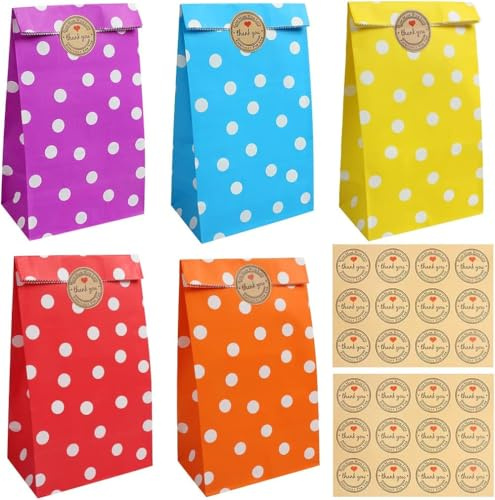 20PCS Paper Party Bags, Favor Bags Colorful Favour Bag Grocery Candy Gift Bag with Thank You Stickers for Kids Party Birthday Valentines' Day Wedding Gifts (5.12 × 9.45)