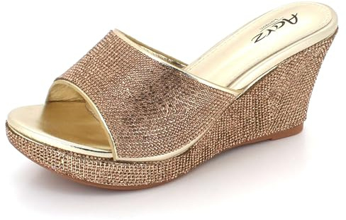 AARZ LONDON Womens Sparkly Diamante Wedge Heel Sandals Glamorous Open-Toe Evening Wedding Party Prom Ladies Gold Shoes Size 8 UK 41 EU