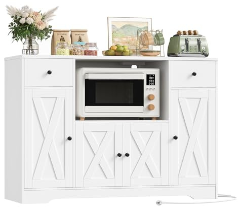 HOCSOK 120 cm Sideboard Küche, Küchenschrank mit Steckdose und Mikrowellenregal, Vorratsschrank Buffetschrank mit Verstellbare Ablagen für Küche, Esszimmer, Wohnzimmer, 120×85×40 cm