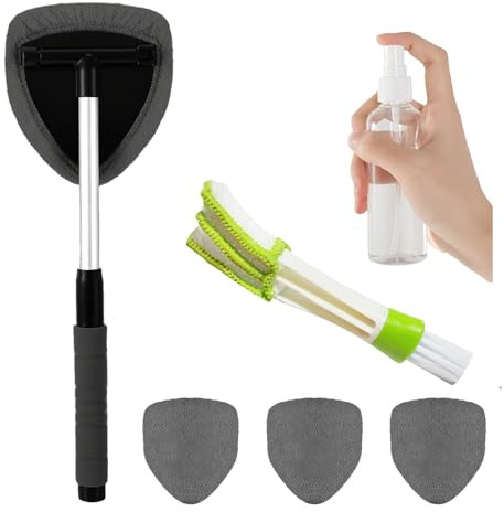 Car Windscreen Cleaner Tool,Auto Windshield Cleaning Tools with Extendable & Telescopic Handle,4 Reusable and Washable Microfiber Pads,1 Spray Bottle,1 Brush,Multifunctional Auto Window Cleaner Set