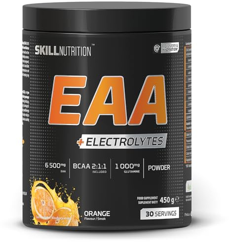 SKILL Nutrition EAA + Électrolytes - Saveur orange | 6,5 g d'EAA par portion | BCAA 2:1:1, 1000 mg de L-glutamine, électrolytes et AstraGin® | Complément alimentaire en poudre | 450 g