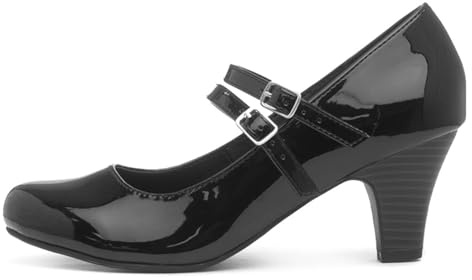 Lilley Womens Black Patent Double Strap Court Shoe - Size 7 UK - Black